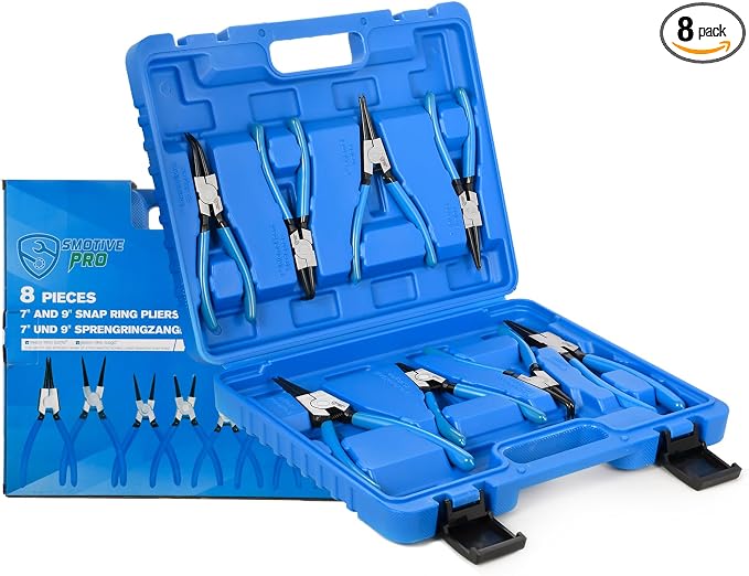 SMOTIVEPRO 8 Piece Precision Snap Ring Pliers Set – 7" & 9" Internal/External Circlip Pliers, 3 Angle Tips (0° 45° 90°), Heavy Duty CR-V Steel