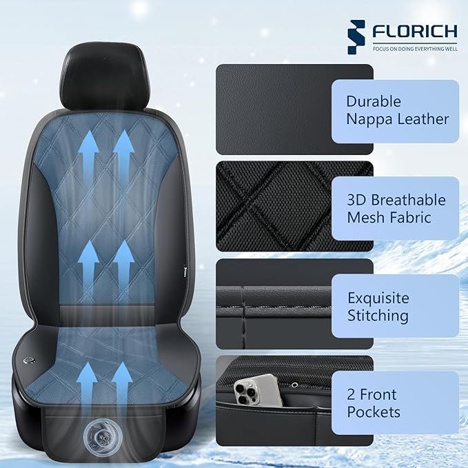 Upgraded Cooling Car Seat Cover, 12V-24V Ventilated Car Seat Cushion, 3-Speed Adjustable Cooling Car Seat Cushion, Breathable Mesh & Leather Cooling Seat Pad Universal Fit Car SUV Truck Van-Black