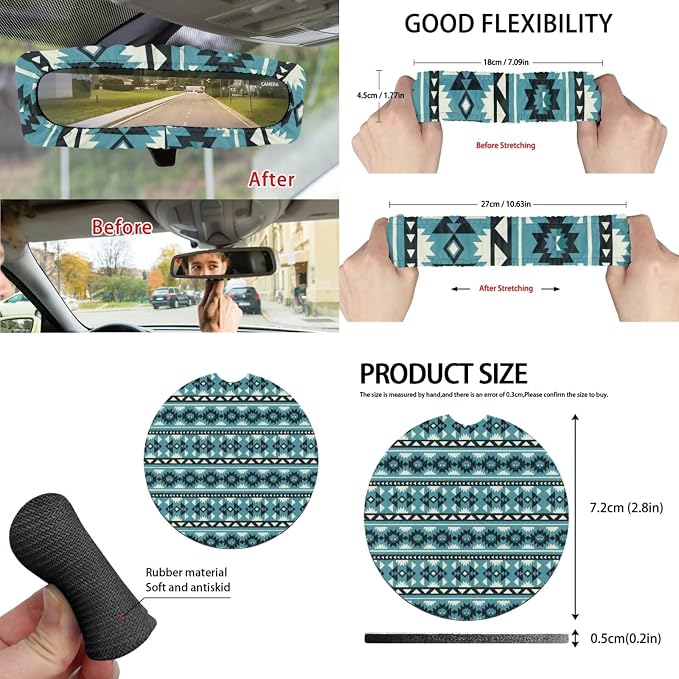 Southwestern Aztec Blue Car Seat Covers Set of 15 with Universal Steering Wheel Cover, Rearview Mirror Cover, Car Trash Can, Seatbelt Pads, Cup Holder Coasters, Keychains