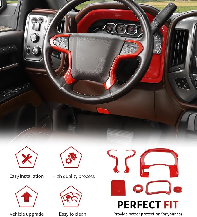 JWWY Interior Kit fit for 2014-2017 Chevrolet Chevy Silverado & GMC Sierra, Center Console Dashboard Start Switch Cover Trim Accessories Red 7PCS