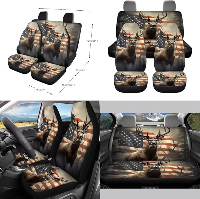 Deer American Flag Print 10 Pieces Car Accessories Sets Wear-Resistan Front Rear Bench Bucket Seat Cover Steering Wheel Cover Car Garbage Can Air Vent Pouch Coaster Keychain Vehicle Interior