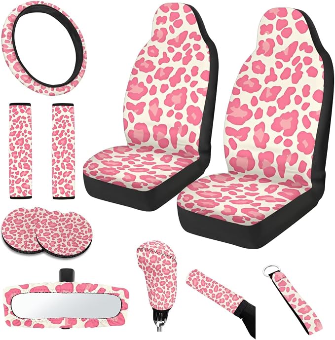 Pink Leopard Print Car Seat Covers Set of 11 Car Front Seat Cover Steering Wheel Cover Rear View Mirror Cover Cup Coasters Wristlet Keychain for Most Cars, SUVs