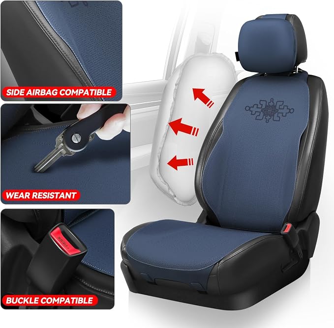 Auto Dynasty Car Seat Covers Full Set, Anti-Slip Automotive Interior Covers, Breathable and Comfort Car Seat Protectors, Airbag Compatible, Universal Fit Most Vehicles, Blue (Protex Plus Series)