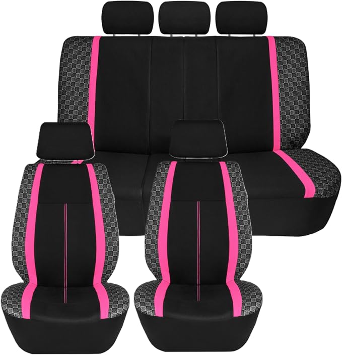 We Are Young Life is Fun™ Checker Car Seat Covers Universal Fit Interior Accessories Full Set Pink Seat Cover Combo Steering Wheel Cover and Seat Belt Pads, Airbag and Split Rear Car Seat Covers