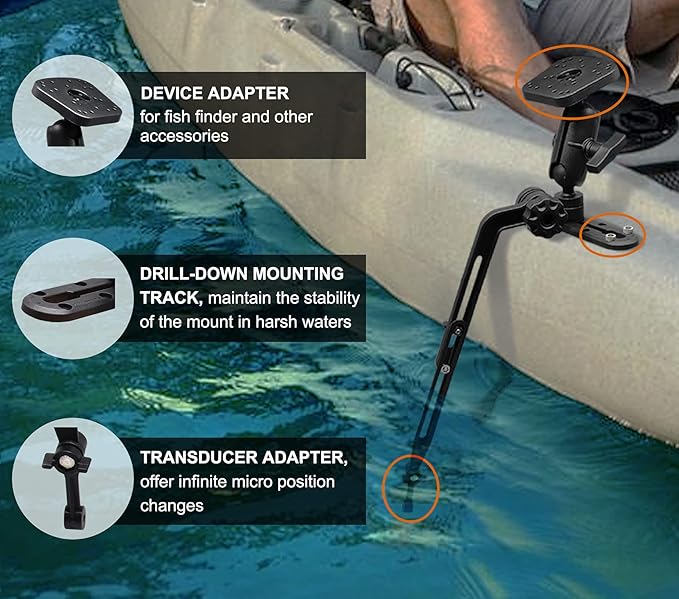Kayak Fish Finder Mount with Transducer Mounting Arm, 1.5" Ball Marine Electronic Mount for Boat Track, Universal Mounting Plate, Compatible with Scotty, Lowrance, Garmin Fish Finders