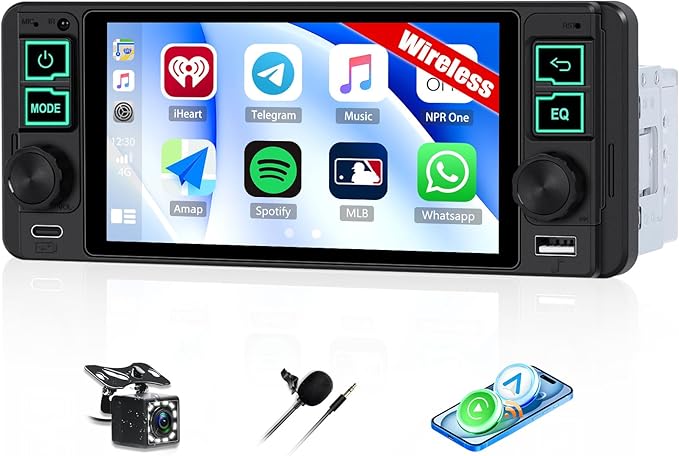 Single Din Touchscreen Car Stereo with Wireless Carplay&Android Auto,5.1 Inch Car Radio MP5 Player with Bluetooth FM Radio EQ Car Audio with USB/Type-C SWC+Backup Camera