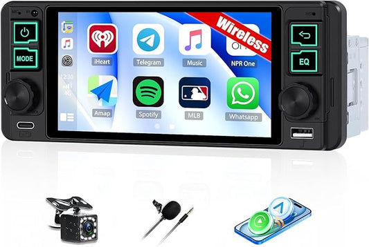 Single Din Touchscreen Car Stereo with Wireless Carplay&Android Auto,5.1 Inch Car Radio MP5 Player with Bluetooth FM Radio EQ Car Audio with USB/Type-C SWC+Backup Camera