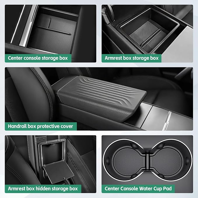 Center Console Organizer Tray for Tesla Model Y Juniper Accessories, Armrest Hidden Storage Box Cup Holder Armrest Cover for Tesla Model Y Juniper 2025 2026 5PCS