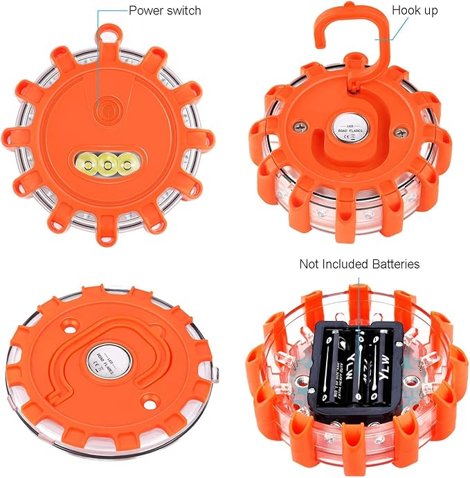 AK [12 Pack LED Road Flares Safety Flashing Warning Light Roadside Emergency Disc Beacon Kit for Vehicles Boats with Magnetic Base & Hook, Premium Storage Bag (Batteries Not Included) (12)