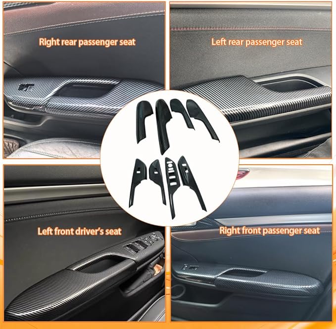 Inner Door Side Armrest Trim Window Lift Control Switch Panel Cover Inner Door Handle Armrest Cover Compatible with Honda Civic 10th Gen 2016-2021 ABS Carbon Fiber Style (12 Pcs)