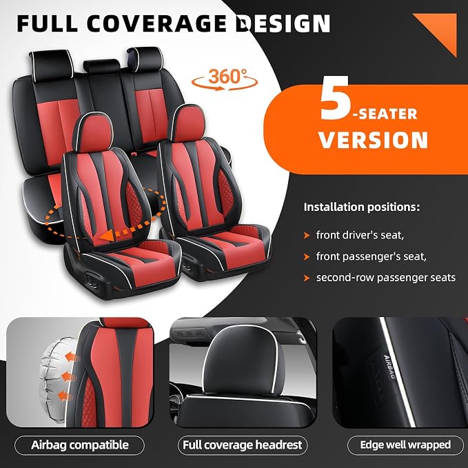 5-Seater Car Seat Covers Full Set, Fit for Front and Rear Seats of Cars, Waterproof and Breathable Nappa Leather, Compatible with Airbags, Car Seat Protector Covers for Most Cars - Black Red