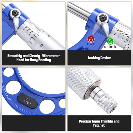 Outside Micrometer Set 0-4" Range, 4-Piece Precision Micrometer Measuring Tools with Carbide Tips, 0.0001" Graduation, Includes Standards & Case