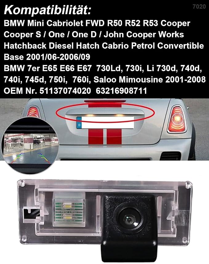 Car Rear View Back up Vehicle Camera Parking Reverse Camera Replacement for BMW Mini Cabriolet FWD R50 R52 R53 Cooper S E65 E66 E67 730Ld 730i730d, 740d, 740i, 745d, 750i,760i, Saloo Mimousine