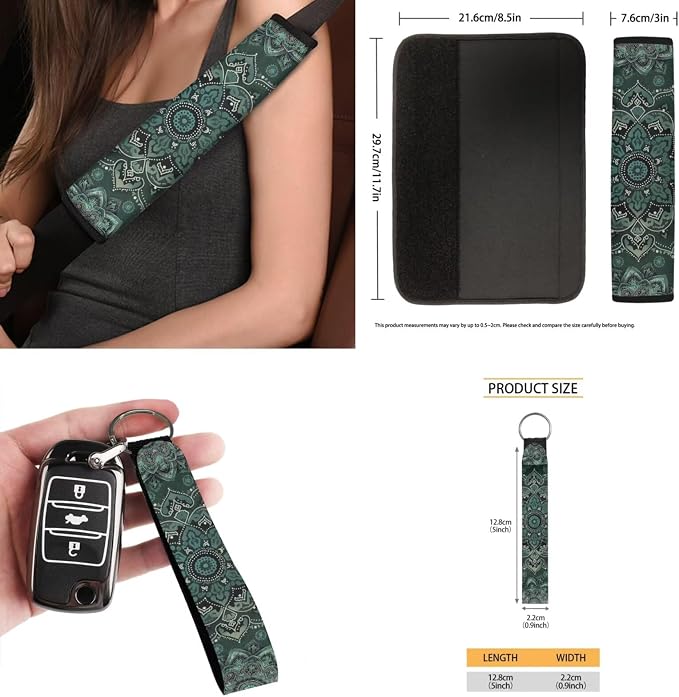 Green Mandala Floral Car Accessories Car Seats Cover Protector, Steering Wheel Covers, Seatbelt Cover, Car Trash Can, Cup Coasters, Rearview Mirror Cover, Keychains, Pack of 15