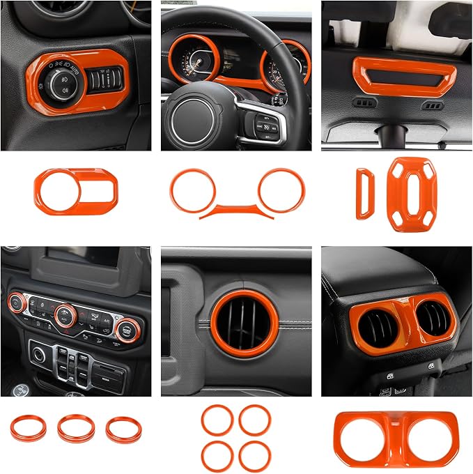 CheroCar Orange 20PCS Interior Trim Kit for Jeep Wrangler JL JLU & JT Gladiator 2018-2023,Dashboard,Steering Button Frame,AC Switch,Roof Speaker,Reading Light,Headlight Switch,Rear Air Vent Trim