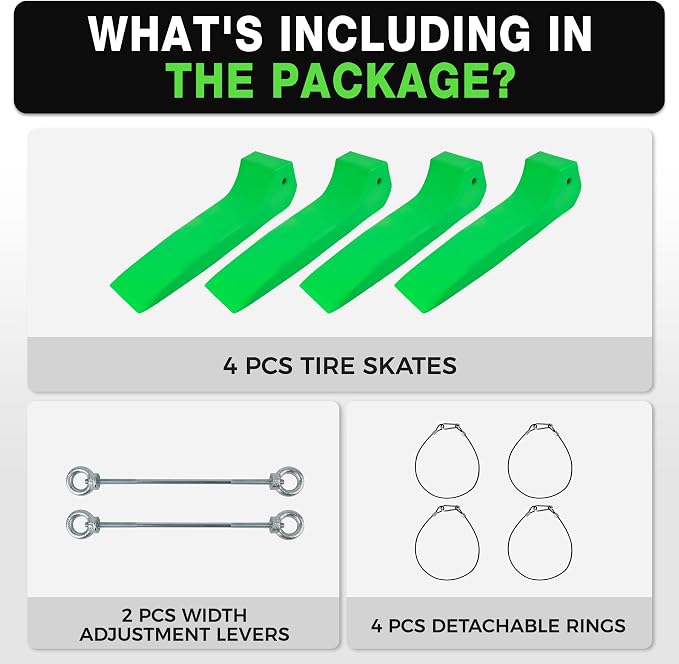Tire Skates for Tow Truck 4-Pack 16,000lbs Heavy Duty Safety Green | Adjustable 3.2"-6.4" wide, rollback flatbed trailer compatible, 4000lbs per skate, durable plastic,wheel dolly system