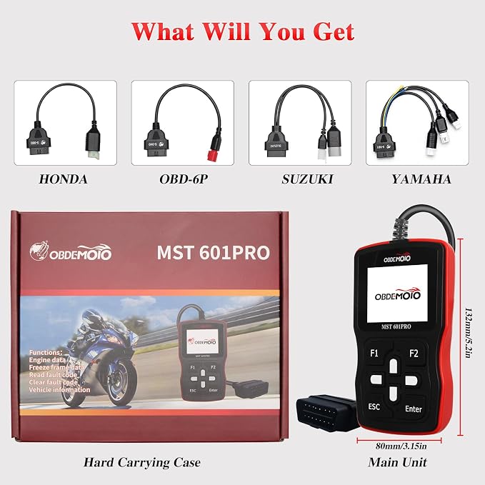 601Pro Motorcycle Scanner, Motorcycle Diagnostic Tool with 2.4'' LCD, Motorcycle OBD2 Scanner with ECU Scan, Read & Clear Codes, Live Data Stream, Freeze Frame for Honda Yamaha Suzuki