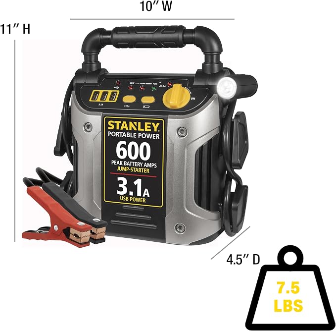Stanley J309 Portable Power Station Jump Starter 600 Peak Amp Battery Booster, 3.1A USB Ports, Battery Clamps