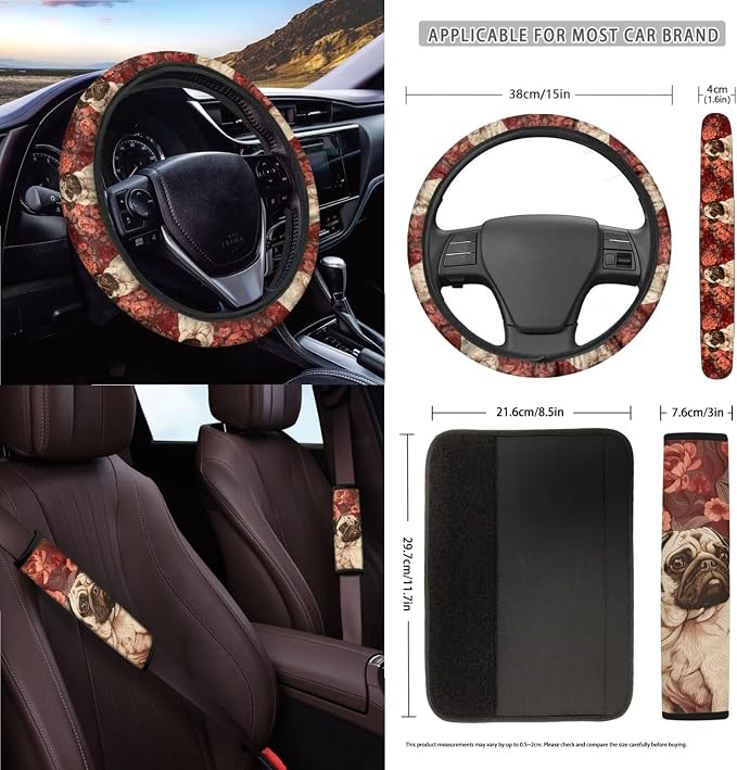 Pug Dog Flower Print Auto Seat Cushion + Steering Wheel Protector + Coaster + Mirror Cover + Seatbelt Pad + Trash Can + Air Vent Storage Poacket + Keychain, Set of 15