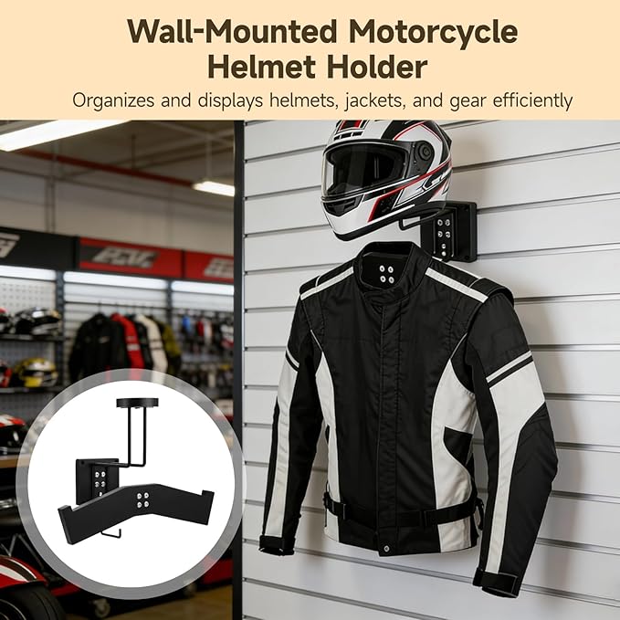 Motorcycle Helmet Holder Wall Mount, Heavy Duty Helmet Rack with Coat Hook, Wooden Base Helmet Hanger, Space-Saving Storage for Motorcycle, Baseball & Football Helmets, Wall Mounted Gear Organizer
