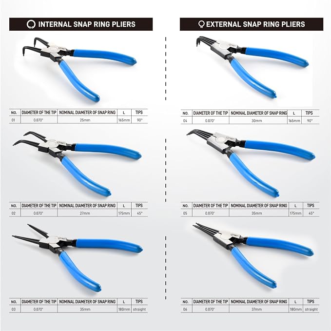 SMOTIVEPRO Precision 6PCS 7" Snap Ring Pliers Set - Complete 0°/45°/90° Angled Jaw Options, Professional Grade Internal/External Retaining Ring Tools