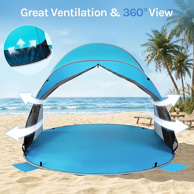Wolfwise Pop up Beach Tent Sun Shelter with UPF50+ UV Protection, Instant Easy Setup Popup Beach Shade Canopy for 3 Person, Portable & Foldable with Carring Bag, 87 ×57×47 in, Black Coating