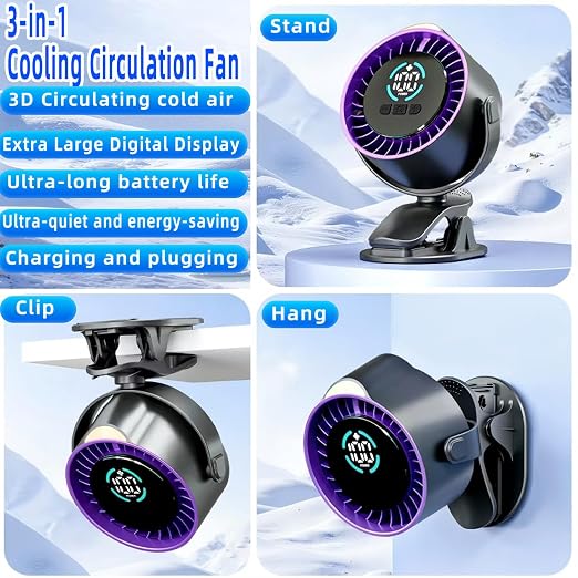 2026 Upgrade Portable Car Fan,Clip‑on/Hang/Stand 3D Circulating Air Car Cooler with LED Display,USB Rechargeable Quiet Vehicle Fan for SUV Truck RV,Ideal Summer Gift for Drivers