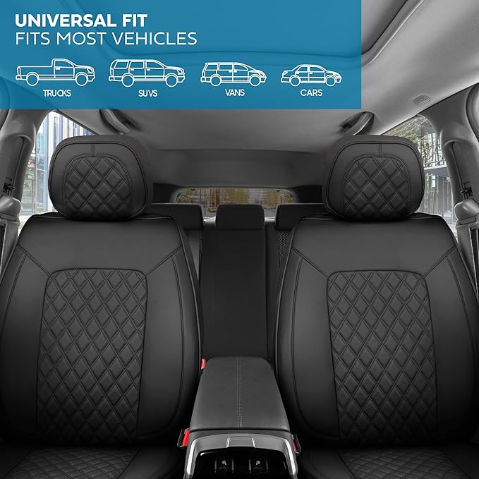 MotorBox Haven Series Napa Leather Seat Covers for Cars, Lux Edition Diamond Stitched Full Set Seat Covers, Premium PU Leatherette Black Car Seat Covers for Cars Trucks SUVs