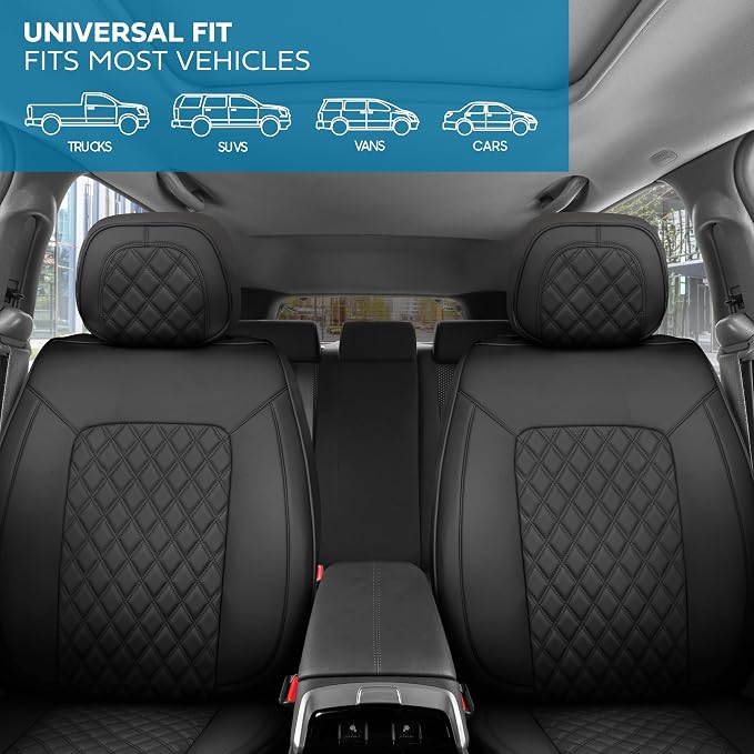 MotorBox Haven Series Napa Leather Seat Covers for Cars, Lux Edition Diamond Stitched Front Seat Covers, Premium PU Leatherette Black Car Seat Covers for Cars Trucks SUVs