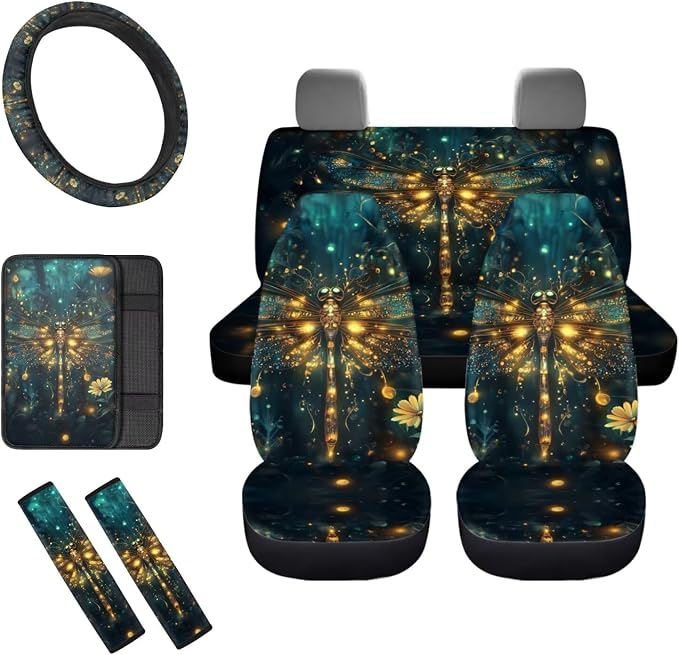 8 Pcs Green Dragonfly Car Accessories for Women Car Seat Covers Full Set with Front Seat Cover Steering Wheel Armrest Cover Seat Belt Cover for Auto SUV Interior Decoration