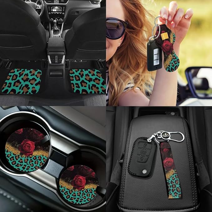 17 Pack Leopard Print Car Seat Covers Sets with Front and Rear,Car Accessories Full Set with Auto Front Rear Foot Carpet All Weather,Steering Wheel Cover,Car Seat Belt Cover,Universal Fit