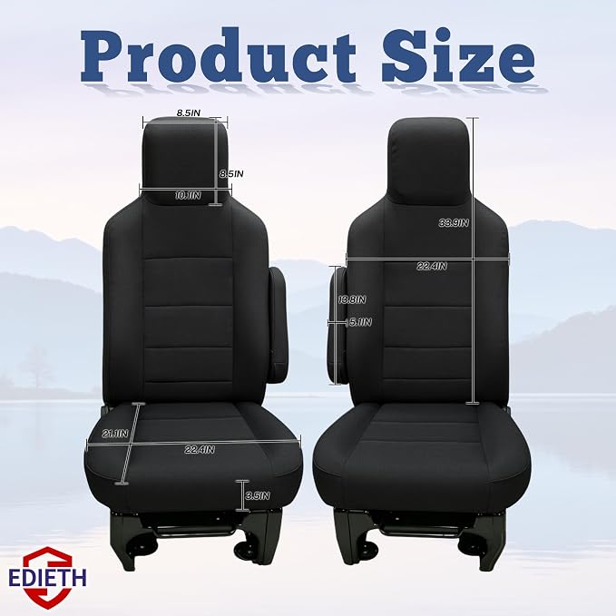 Heavy Duty Composite Fabric Protection Front Seat Covers for Ford E-150/E-250/E-350 Van 2009-2014 E-Series Cutaway/Stripped Chassis 2015-2026 High Back Bucket Seats Molded Headrest - Black