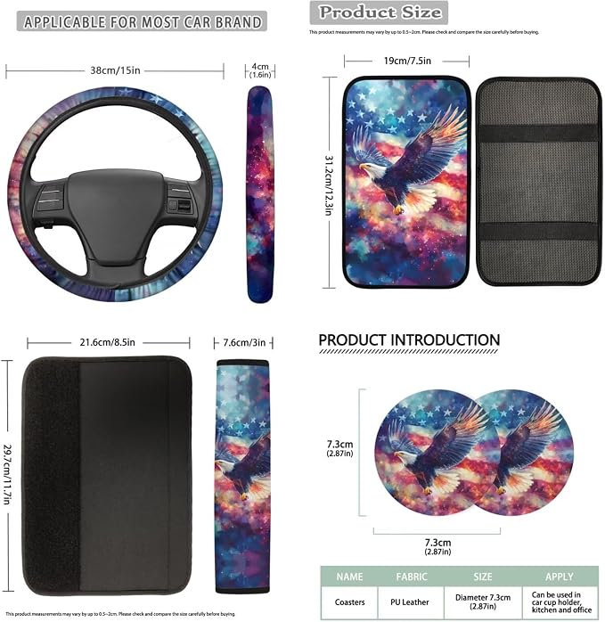 Bulopur American Flag Bald Eagle Auto Seat Covers with Matching Automotive Armrest Cover Center Console Cushion Car Seat Belt Shoulder Strap Covers Keychain Vehicle Interior Decor Set
