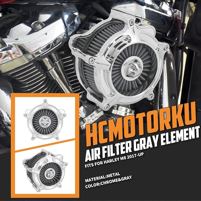 Air Cleaner Filter Aluminum Fit for Harley Touring Road King Street Glide Softail (Chrome Housing Grey Element, D For M8 Touring 17-23 Trike 17-25 Softail 18-24)