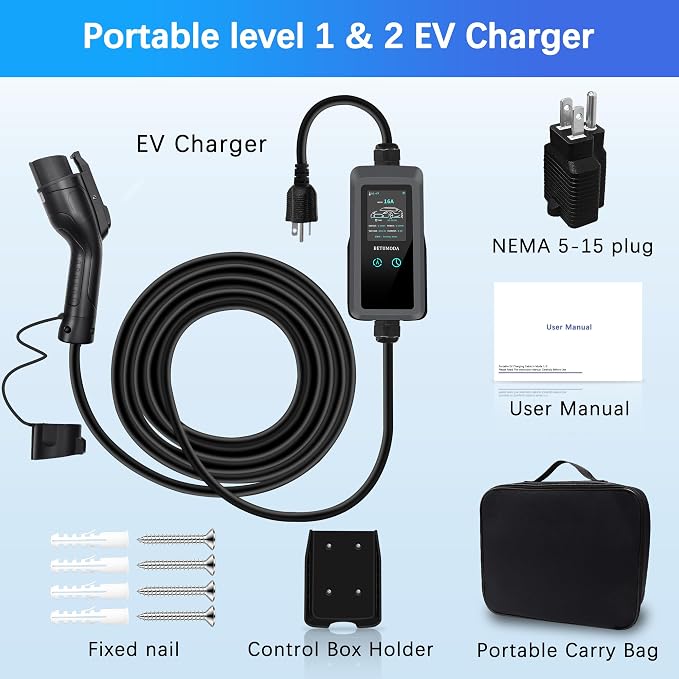 Level 1 EV Charger - 2.8 Inch LED Touch Screen, 25FT, 110V/240V, 16 Amp, and NEMA 6-20 & NEMA 5-15 Plug Adapter - Portable Electric Car Charger for J1772 EVs and Plug-in Hybrid Vehicles