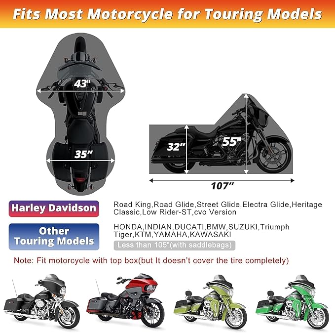 Motorcycle Cover for Touring Models Harley Davidson Road King Road Glide Street Glide Electra Glide Low Rider-ST Indoor & Outdoor All Weather Protection with Vents (Black&Grey)