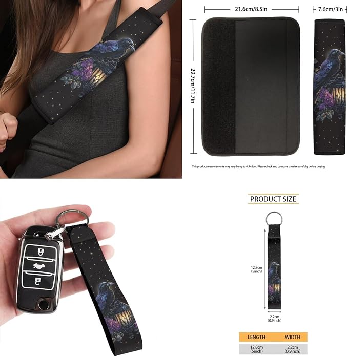 Floral Raven Car Aaccessories Full Set of 15 Pcs, Goth Car Seat Covers Set with Rear View Mirror Cover,Steering Wheel Covers,Car Trash Can with Lid for Women Man,Universal Fit