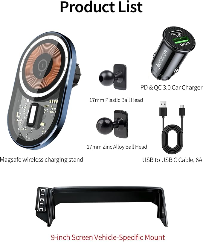 Wireless Charging Car Phone Holder for Toyota Avalon 2019-2022, 9" Screen Fixed Clip, 360° Rotation Car Phone Mount Compatible with MagSafe