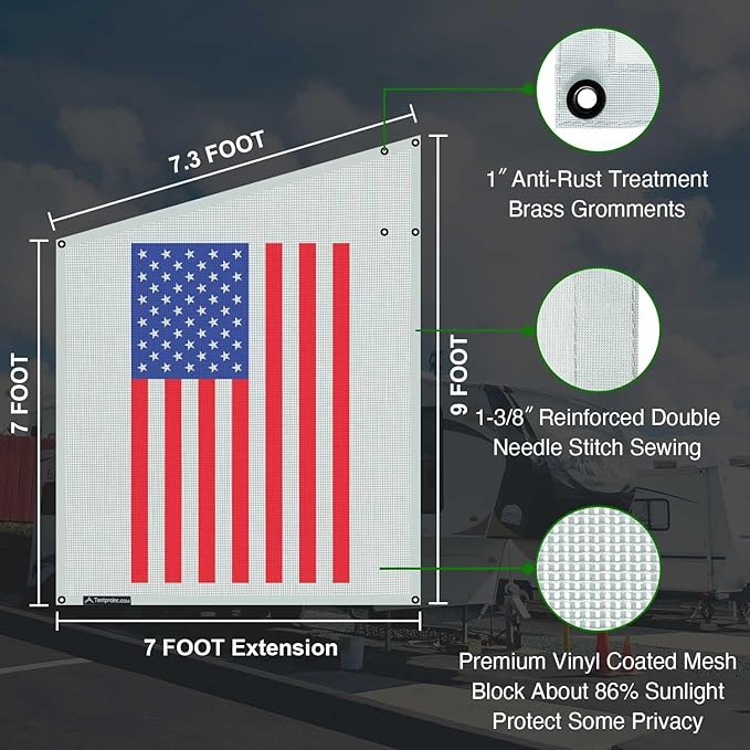Tentproinc RV Awning Side Shade Screen 9' X 7' - (American Flag) Gray Mesh Screen Sunshade Complete Kits Camping Trailer Motorhome Awning Shadescreen UV Sun Blocker - 3 Year Warranty