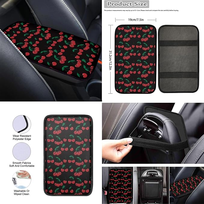 Wanyint Cherry Print 12 Pack Car Seat Cover Full Set for Women Men, with Steering Wheel Cover Seat Belt Pad Armrest Pad Handbrake Cover Gear Shift Cover Washable Cup Coaster Holder Auto Accessories