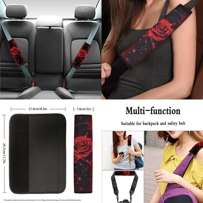 Red Rose Car Seat Covers Full Set 8 Pcs Car Accessories for Women Front Seat Cover Steering Wheel Armrest Cover Seat Belt Cover for Auto SUV Interior Decoration