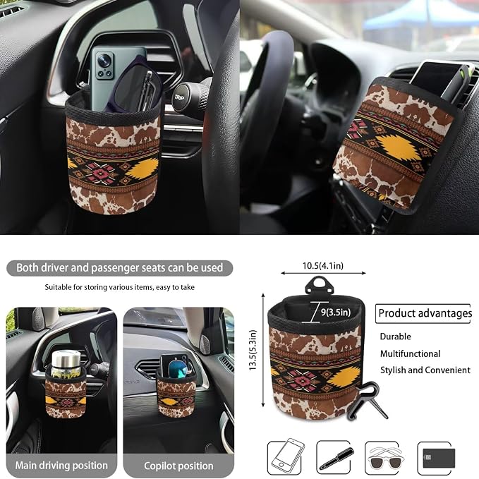 Geometric Brown Print Car Seat Cover Stretch Car Garbage Can Steering Wheel Cover Vehicle Car Trash Can Air Vent Pouch Coaster Lanyard Keychain Automobile Interior Set, Pack of 10