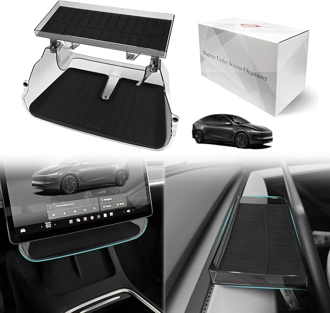 BestEvMod Under Screen Storage Compatible with New 2026 2025 Tesla Model Y Juniper Accessories Magnet Install No Tape Needed Behind/Lower Screen Dashboard Organizer Tissue Holder (Black)