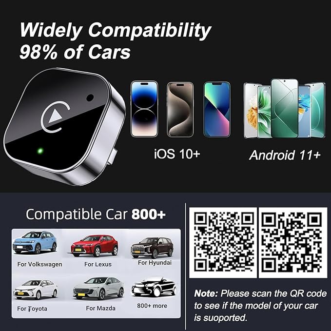 2-in-1 Wireless CarPlay & Android Auto Adapter, Plug & Play CarPlay Dongle Converts Wired to Wireless, Fast Auto-Connect, No Delay, Compact Design for iPhone & Android with USB/USB-C Port(Black)