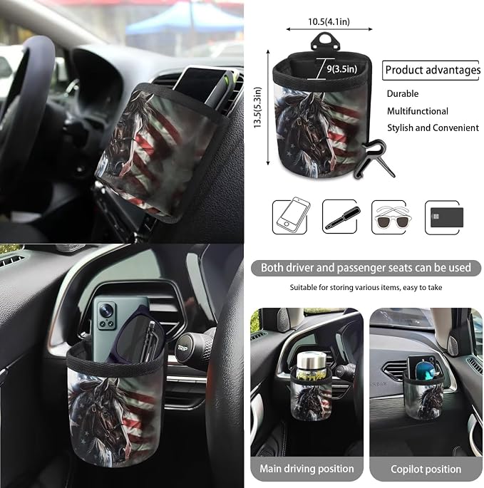 Wanyint Horse United States Flag 15 PCS Car Seat Cover Full Set, with Steering Wheel Cover Seat Belt Strap Cover Trash Can Rear View Mirror Cover Coaster Keychain Air Vent Storage Bag Car Decoration