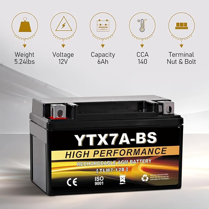 YTX7A-BS 12V 6Ah AGM Sealed Motorcycle Battery, Maintenance-Free, Compatible with GY6 50CC 125CC Scooters & Mopeds