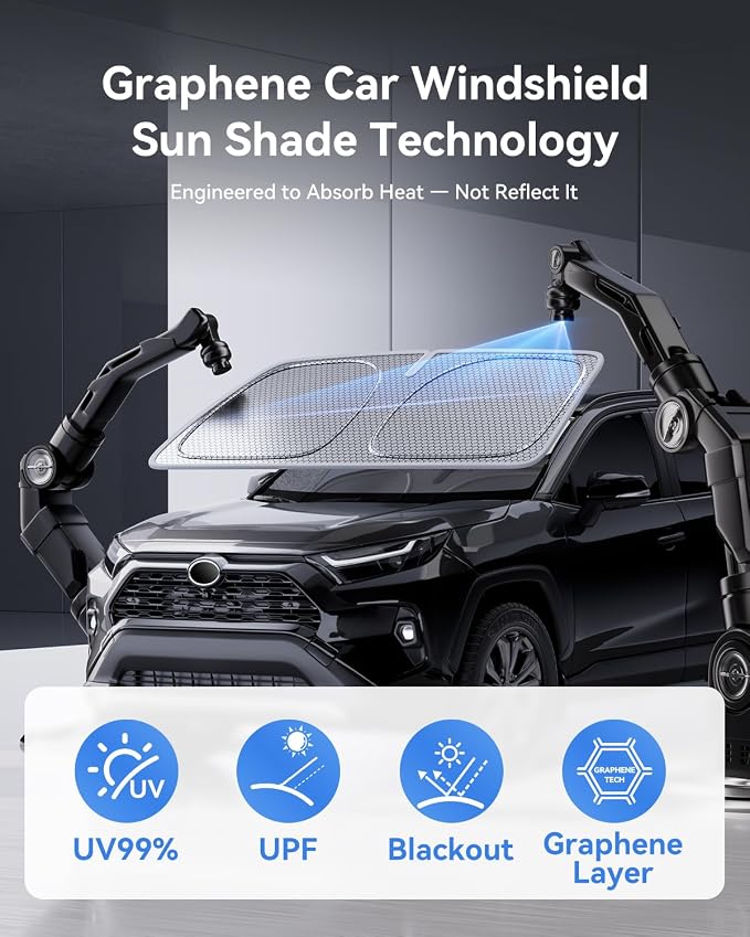 helloleiboo Graphene Windshield Sun Shade for SUVs and Most Mid-Size Sedans, 99% UV Blocking, Dual-Layer Honeycomb Heat Shield, Keeps Interior Cooler, Foldable