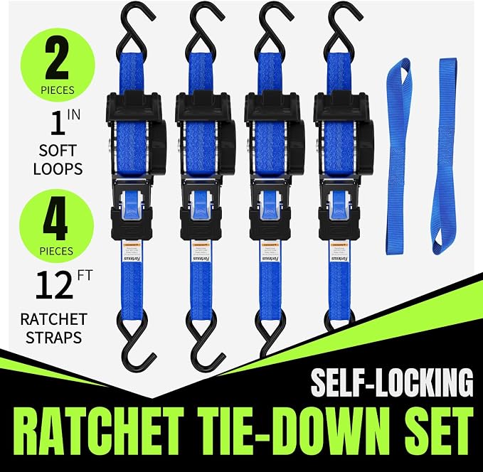 Retractable Ratchet Straps, 4-Pack, 1 Inch x 12 Feet, 1,760lb Break Strength, Self Retracting Tie Down for Truck, Cargo Trailer, Motorcycle, ATV, UTV (Blue, 4pack)