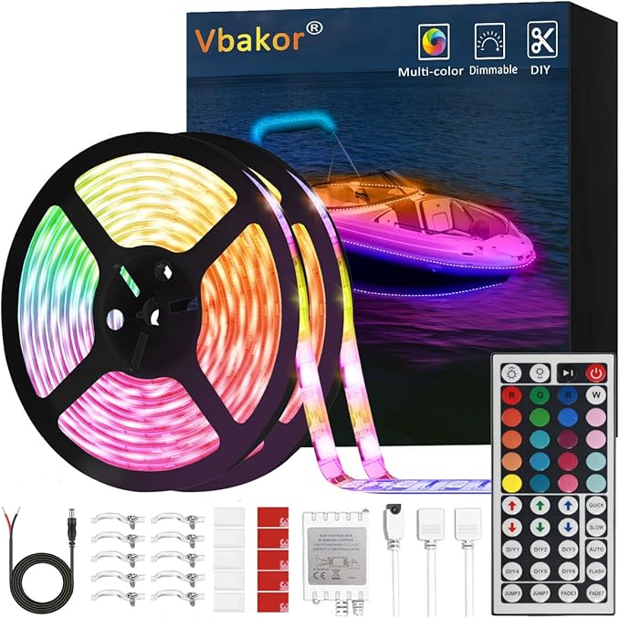 Boat Strip Lights Waterproof 32.8FT, 12v RGB Marine Pontoon Boat Lights, Boats Interior Deck Cabin Light, Night Fishing Lighting for Jon Bass, Yacht, Kayak, RV