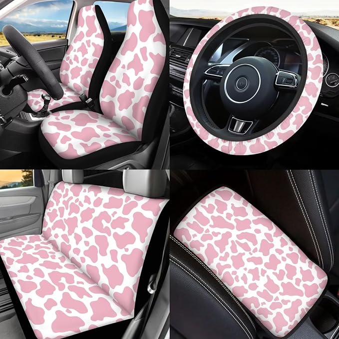 17 Pieces Pink Cow Print Car Seat Covers Full Set with Front and Split Rear Bench,Cow Print Car Accessories with Headrest Covers,Vehicle Trash Bag Universal Car Interior Decor,Fit Truck SUV